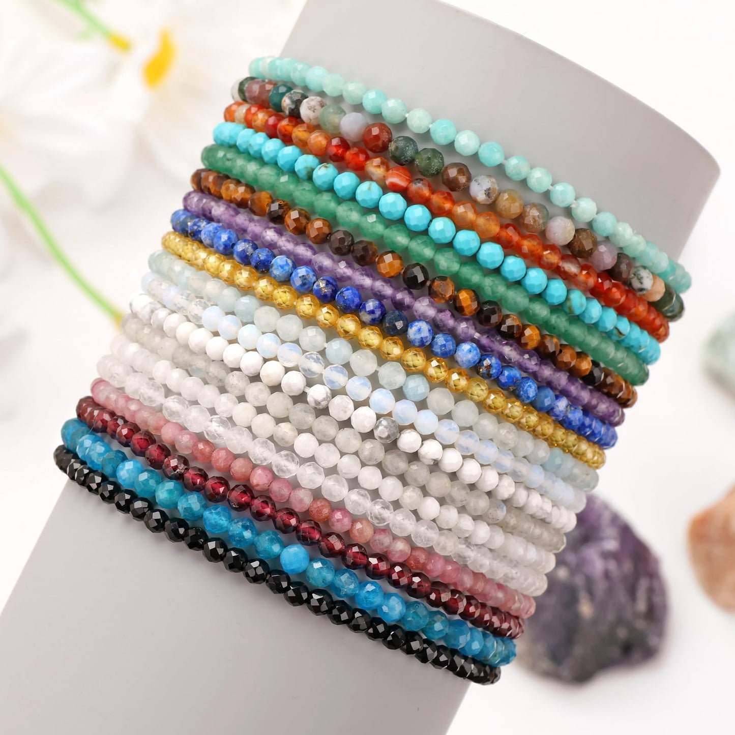 Bolinailo Healing Crystal Bracelet Garnet Faceted Beaded Bracelets for Women Men 3mm Natural Stone Adjustable Handmade Stretch Bracelet Reiki Spiritual Jewelry Fashion Gifts