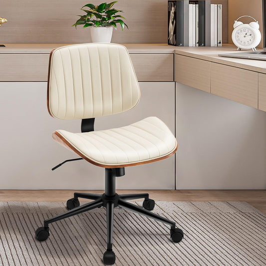 Rongbuk Armless Desk Chair with 360°Swivel Wheels, Ergonomic Adjustable Height Computer Chair for Home Office,PU Leather with Modern Walnut Drafting Chairs for Office, Reading Nook(Beige)