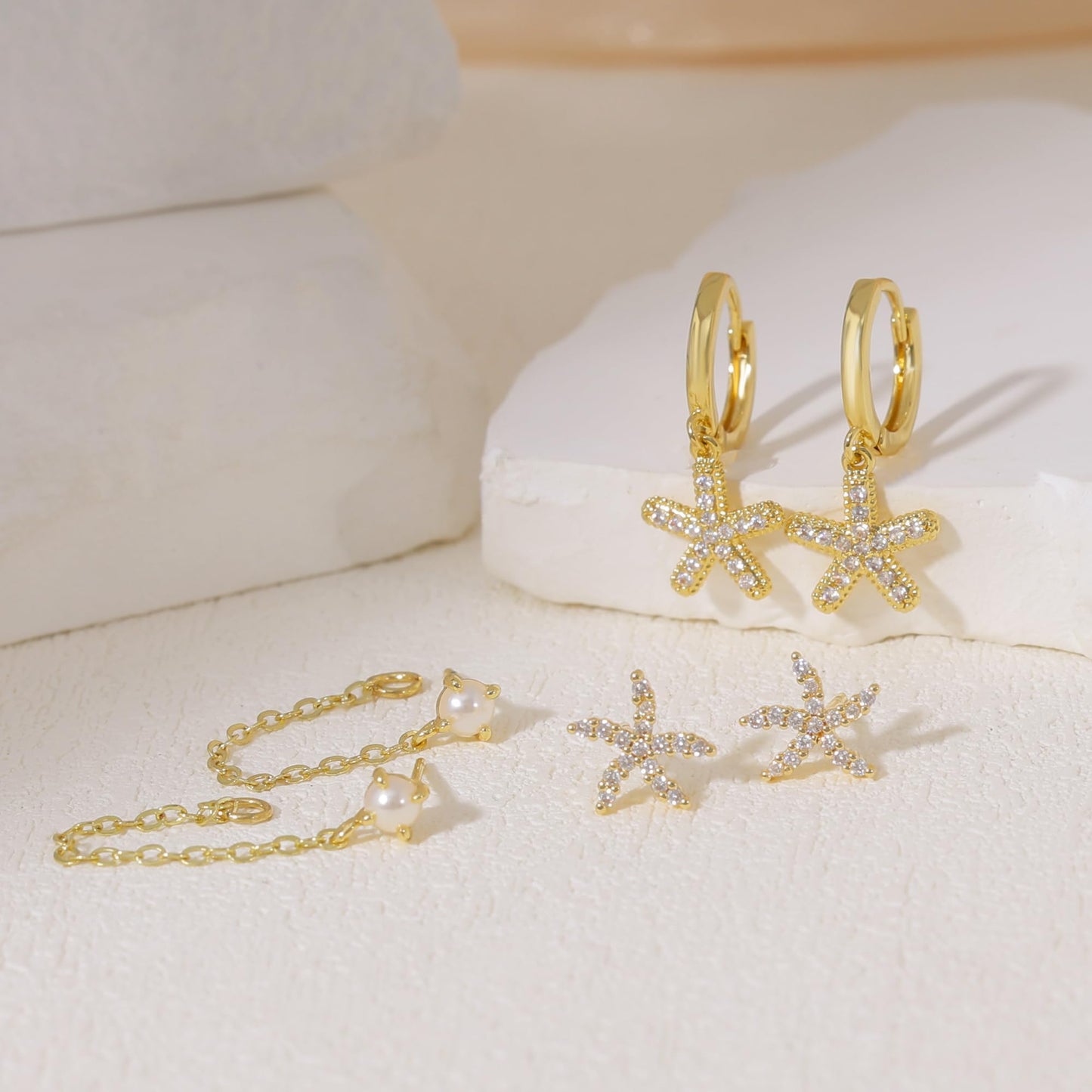 SELFROSE Starfish Earrings,Hypoallergenic Gold Chain Starfish Dangle Earrings Set For Women Trendy Cute Summer Boho Earring Stacks Women'S Gold Beach Jewelry
