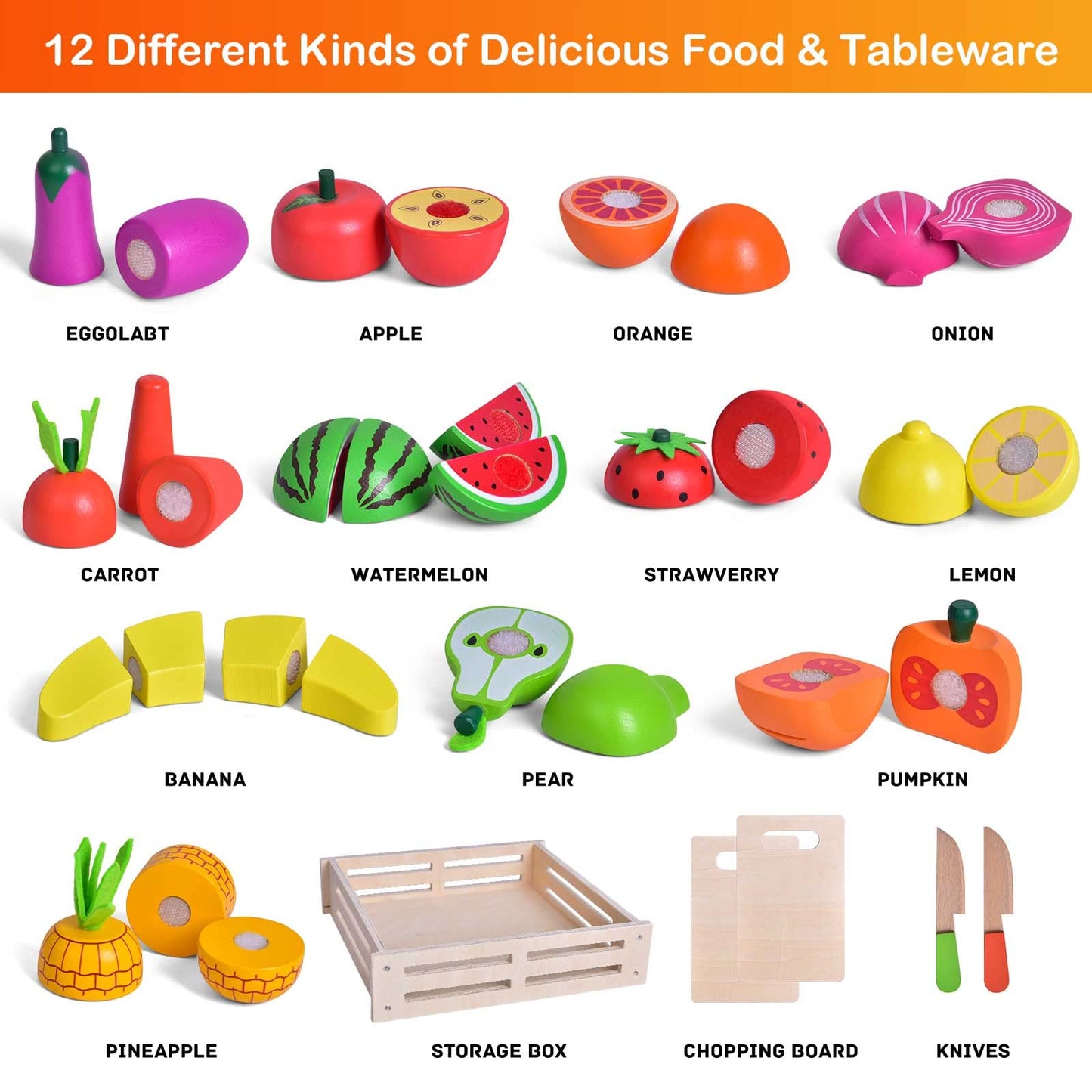 FUN LITTLE TOYS 35PCS Wooden Play Food for Kids Kitchen, Pretend Cutting Food Toys with Wooden Tray, Dishes and Knife for Kids, Pretend Play Food for Christmas Birthday Gifts