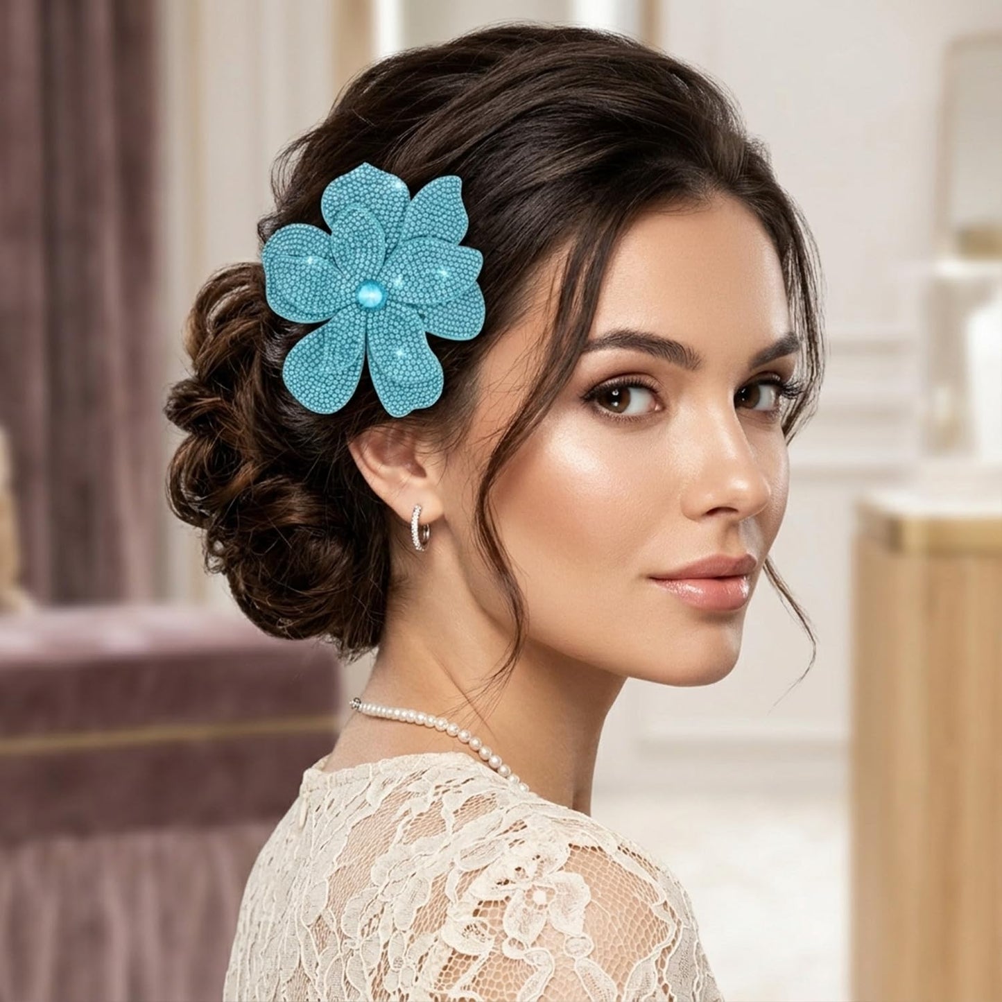 Merdia 3.74 Inches Rhinestone Camellia Flower Brooch Pins & Hair Clips for Women Elegant Created Crystal Lapel Pin Brooches Wedding Party Blue