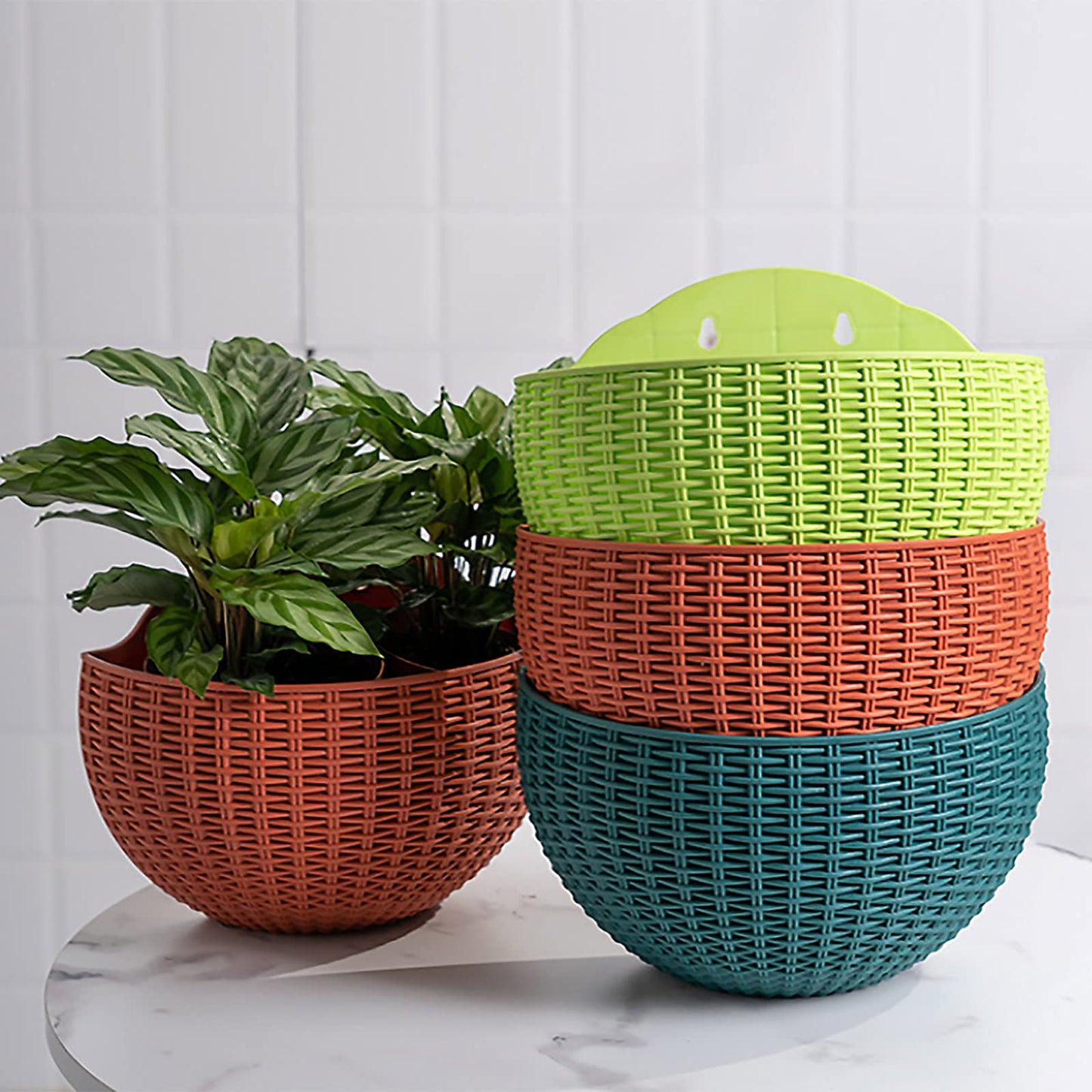 Hanging Planter Pot, Wall and Railing Hanging Planters with S Hooks, Half Round Imitation Rattan European Style Wall Flowerpot Rustic Decorative Flower Basket for Home(#2pcs 26 * 20.5cm Brick red)