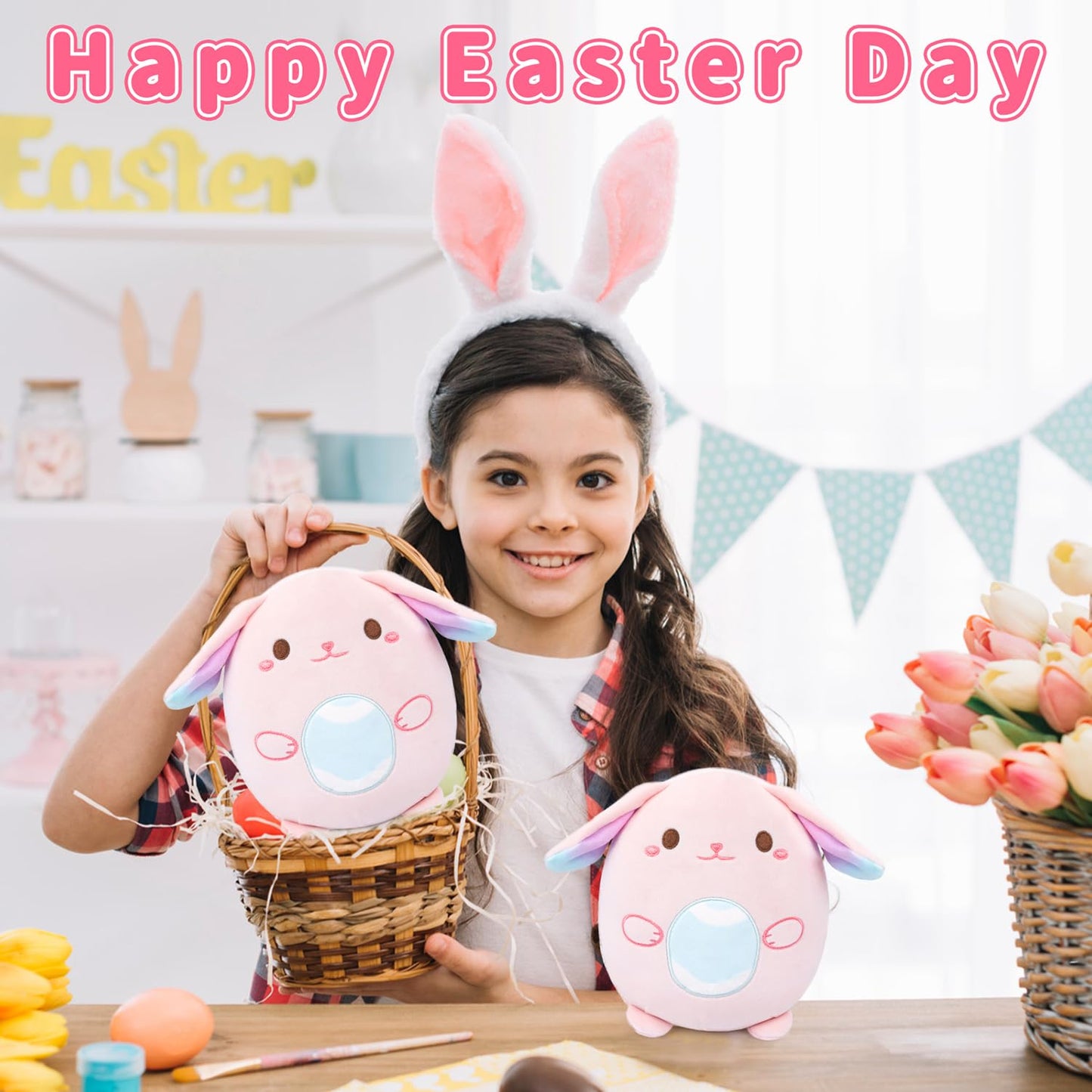Hagusahuo Easter Stuffed Animal Bunny Plush, 8inch Pink Easter Bunny Stuffed Animal with Egg for Kids, Cute Easter Basket Stuffers Soft Rabbit Doll Toy Gift for Girls Boys Party Favors