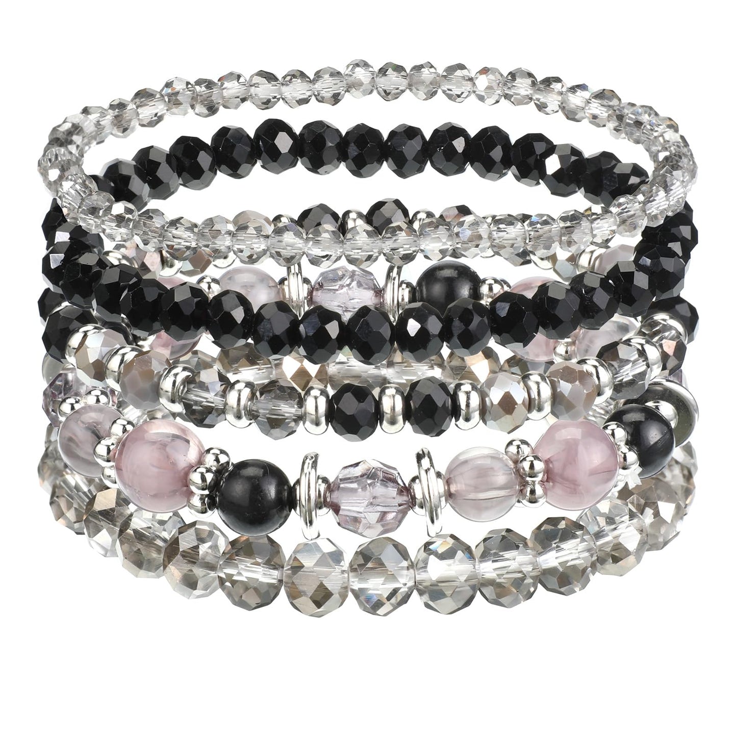 Tweruna 5 PCS Glass Beaded Bracelets Stack, Stretchy Bracelets for Women, Black Stacked Bracelet for Jewelry Birthday Gifts