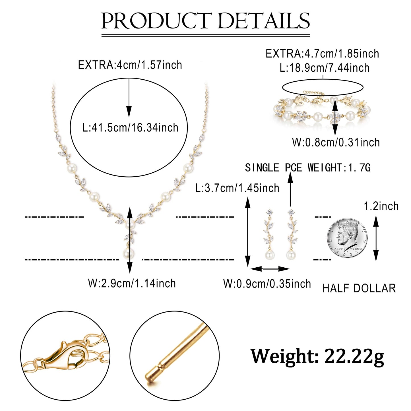 EVER FAITH Bridal Jewelry Set for Bride Bridesmaid, White Marquise Cubic Zirconia Gold-Plated-Brass Faux Pearl Leaf Vine Party Prom Necklace Dangle Earrings Bracelet for Women