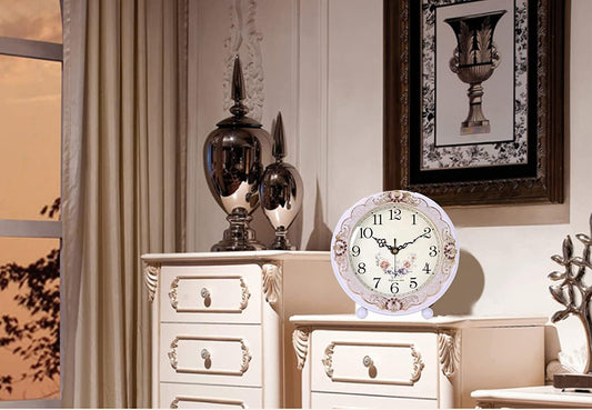Justup Vintage Wooden Table Clock, Retro Non-Ticking European Style Beside Mantle Desk Clock Battery Operated Silent Quartz Movement for Bedroom Living Room Indoor Decor (White-Rose)