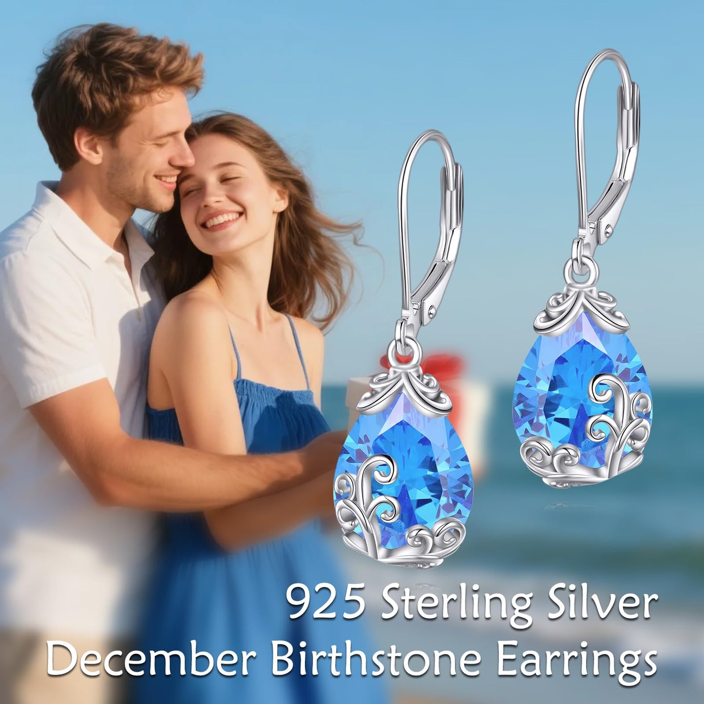 POPLYKE BirthStone Filigree Teardrop Drop Dangle Earrings Sterling Silver Leverback Earrings December Birthstone Jewelry Gifts for Women