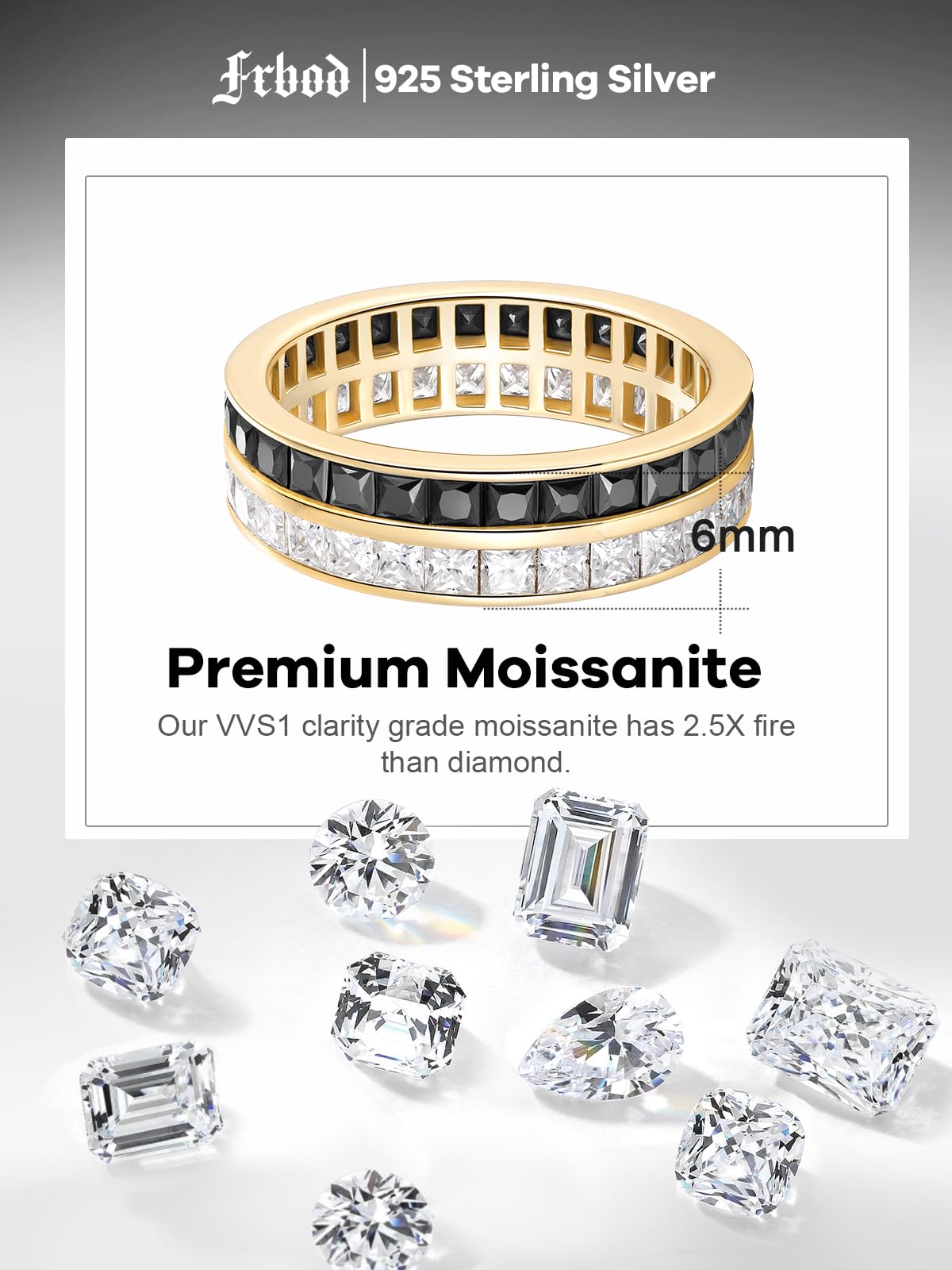 Frbod Black Diamond Engagement Ring 5 Carat Princess Cut Moissanite Rings Sterling Silver Jewelries for Women Size 9