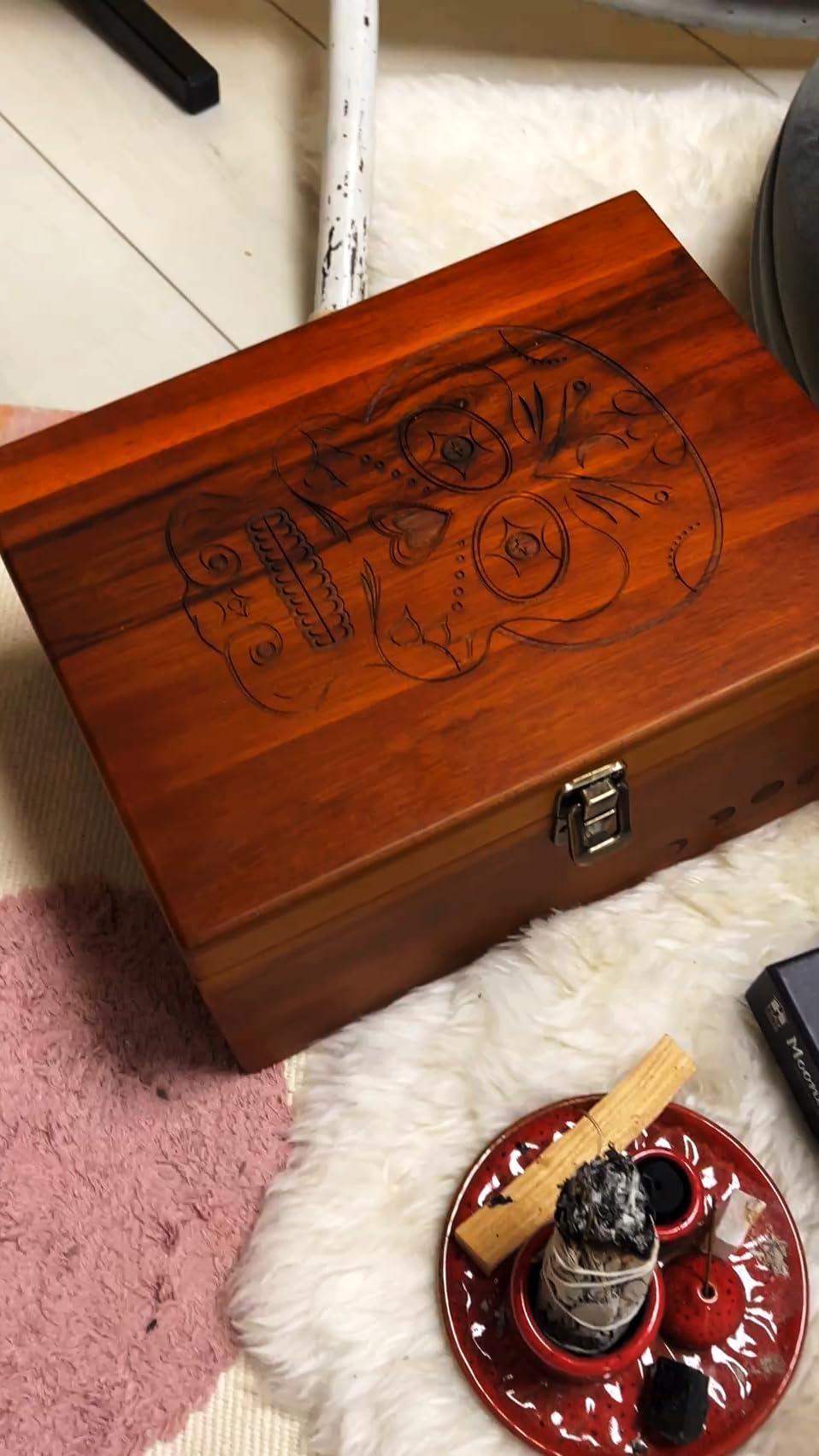Sugar Skull Wooden Stash & Keepsake Box – Large 11” x 8.5” x 5” Engraved Wood Storage Box with Hinged Lid & Latch – Day of the Dead Memory Box for Tarot, Herbs, Jewelry & Gifts, Limited Run
