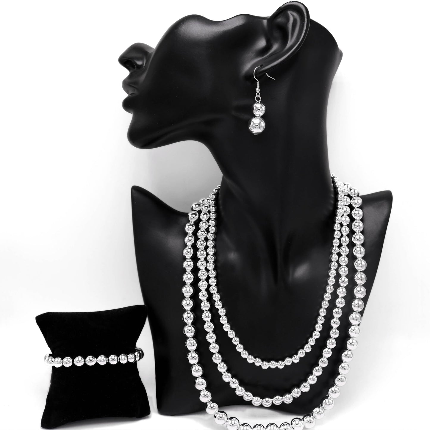 Cryshimmer Silver Bead Necklaces Earring Bracelet for Women Silver Plated Chunky Beads Strand Layered Necklace Costume Jewelry Set(16"/18"/21")