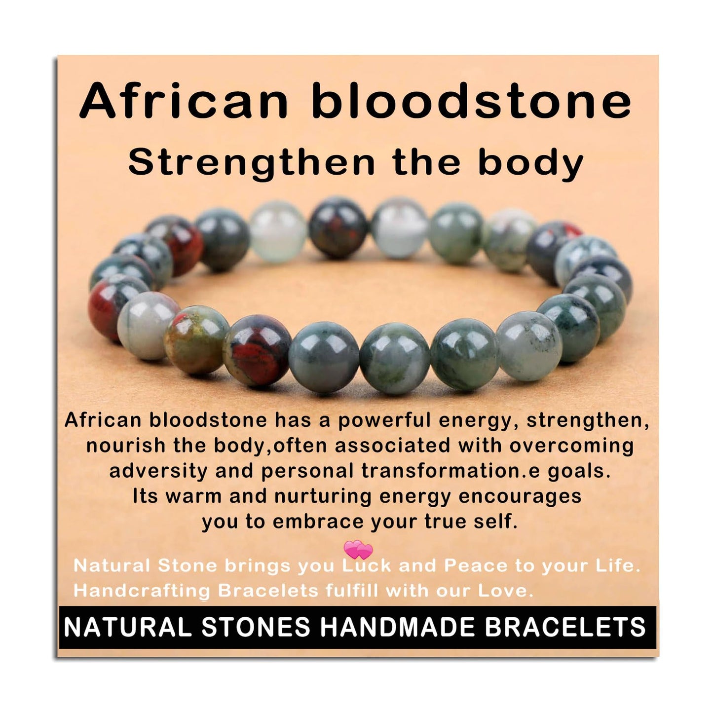 AD Beads Handmade Gemstone Stretch Elastic Bracelet Crystal Healing Reiki Nature's Beauty and Spiritual Essence Unisex (8mm, African Bloodstone (Strengthen the Body))