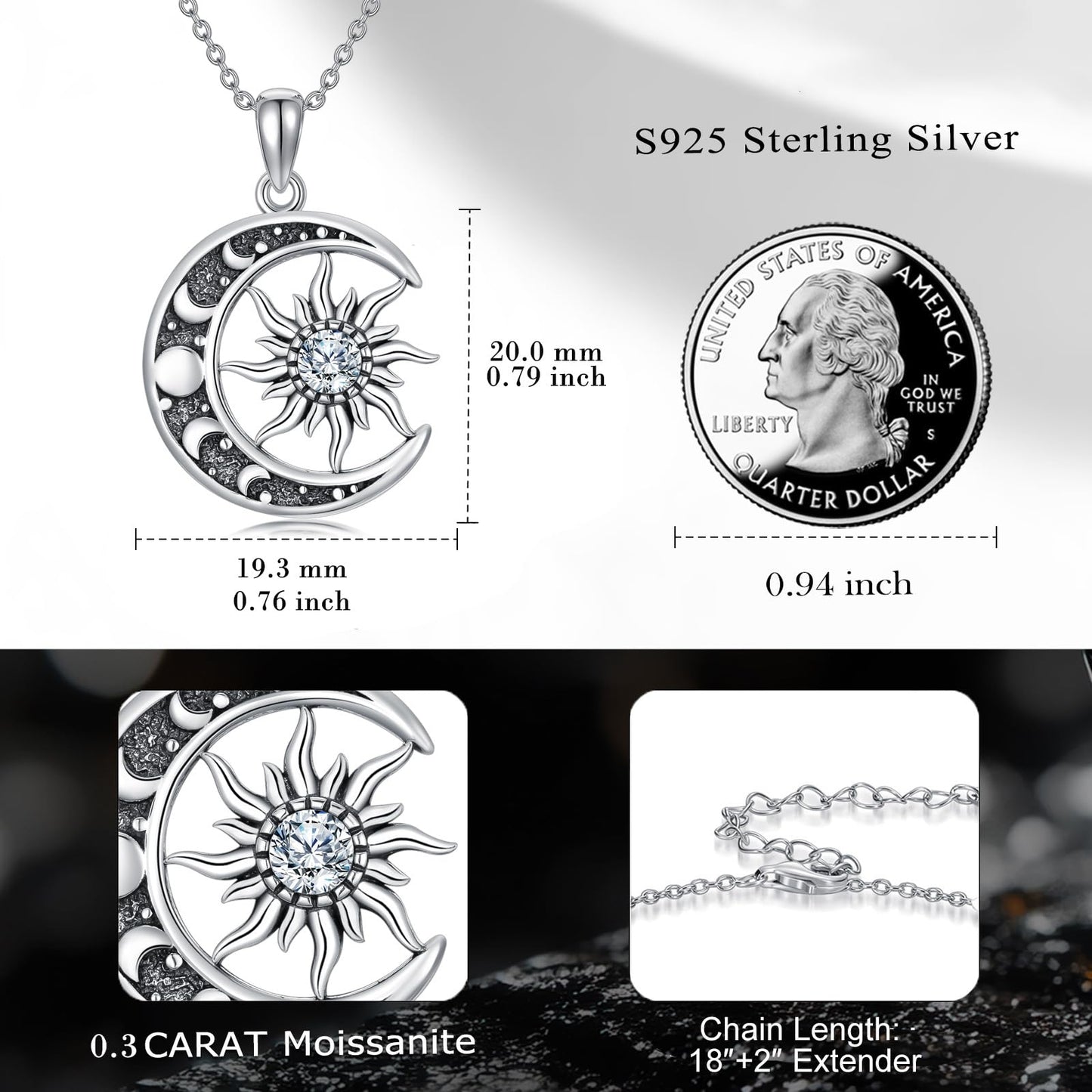 SOACAE Moissanite Sun and Moon Necklace 925 Sterling Silver 0.3ct Lab Created Moissanite Sun Pendant Moon Jewelry Gifts for Women