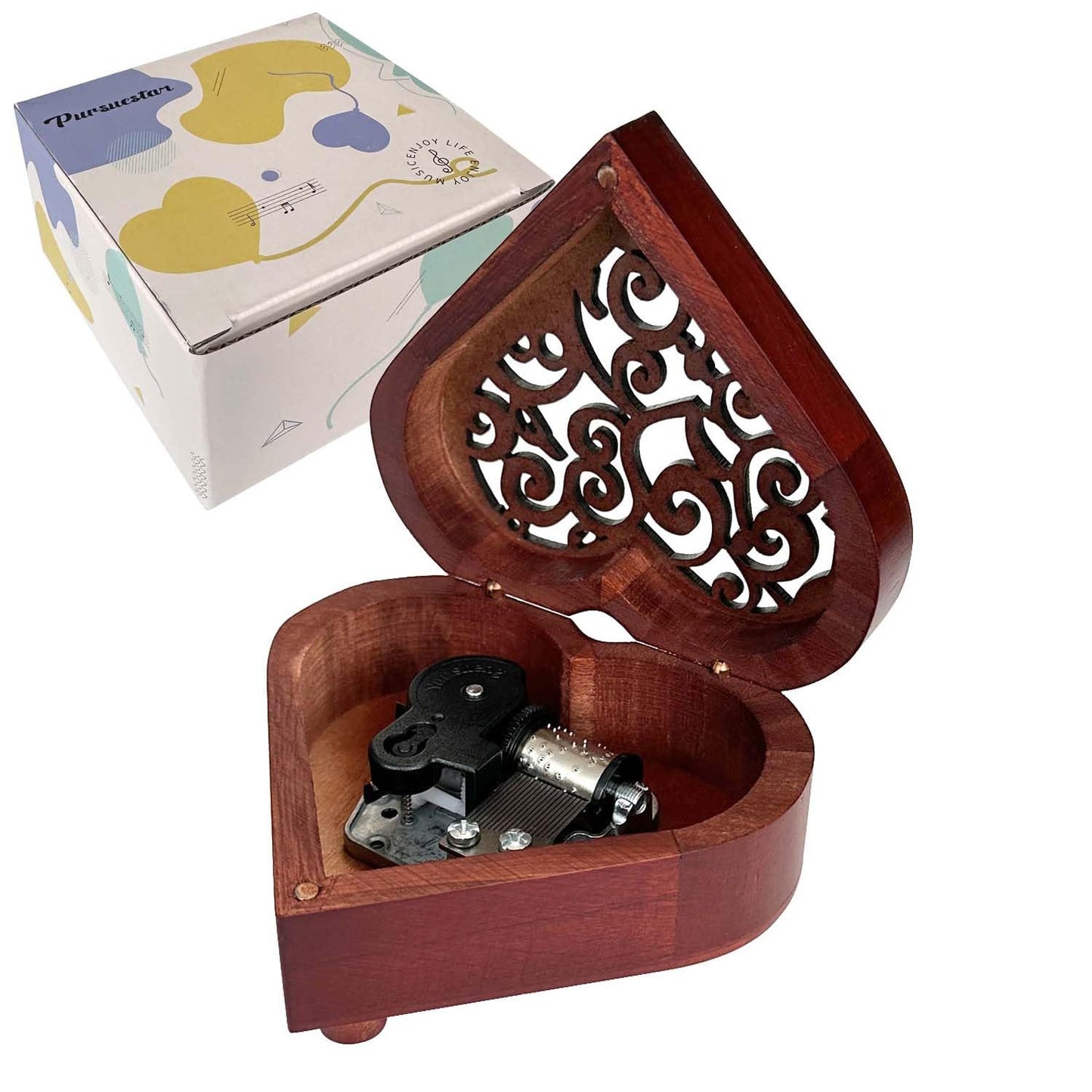Pursuestar Edelweiss Wind Up Music Box, Heart Shaped Vintage Wood Carved Mechanism Musical Gift for Lover Girlfriend Wife Husband Valentine's Day Mother's Day Christmas Anniversary