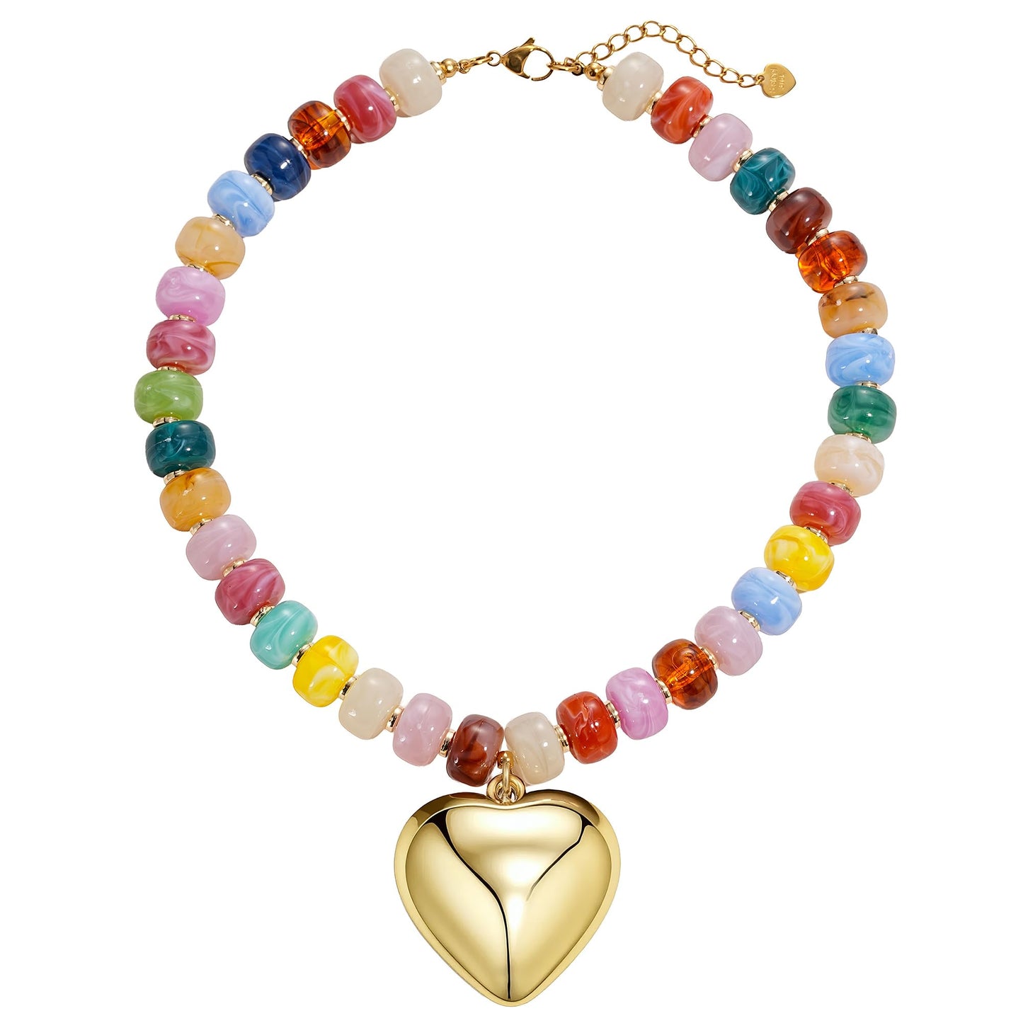 MIUSISHIYU Colorful Faux Tourmaline Resin Chunky Necklaces for Women, Trendy Beaded Puffy Gold Heart Pendant Statement Choker, Lightweight Boho Y2K Summer Beach Jewelry
