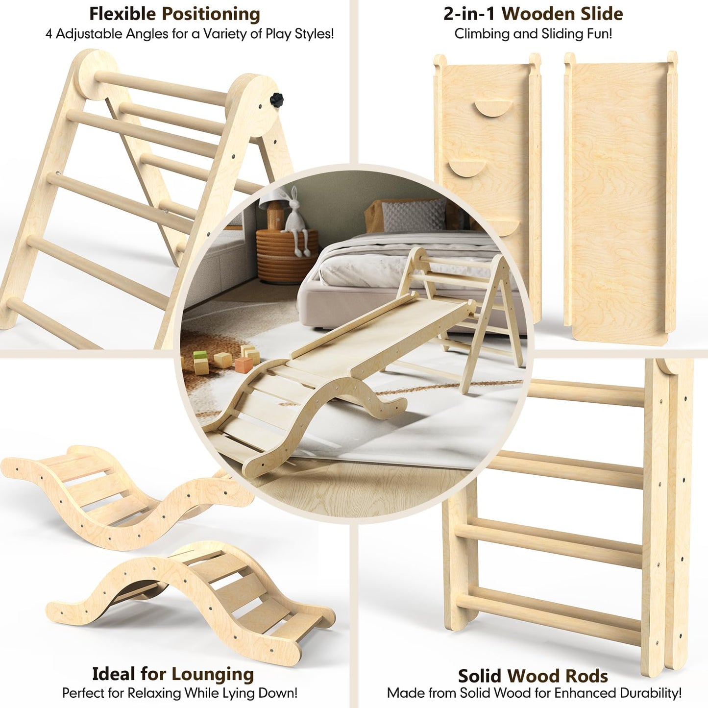 doowroodni Pikler Triangle Set 7in1 Toddler Climbing Toys Indoor Foldable Baby Climbing Toys Wooden Montessori Climbing Set with Arch, Ramp, Ladder for 1-3 Years, Jungle Gym for Kids (Natural)