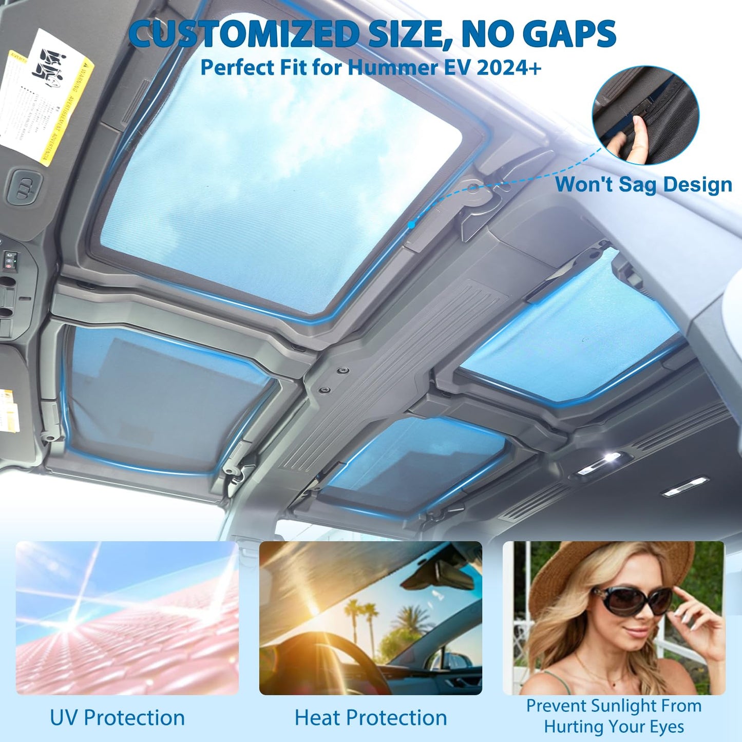 for Hummer EV Accessories Set of 4 Roof Sunshades Won't Sag and 1 Front Windshield Sunshade Compatible with 2024 2025+ Hummer EV SUV Pickup Sun Shade Heat Insulation Film UV Blocking(Foldable)