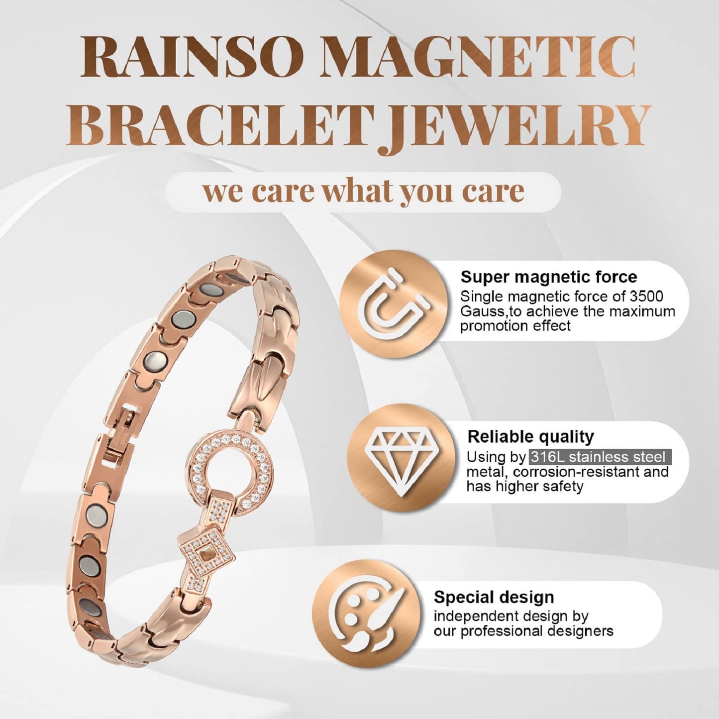 RainSo Elegant Magnetic Bracelet for Women, 3800 Gauss Adjustable Stainless Steel Bracelet, Stylish Jewelry for Daily Wear (Rose Gold)