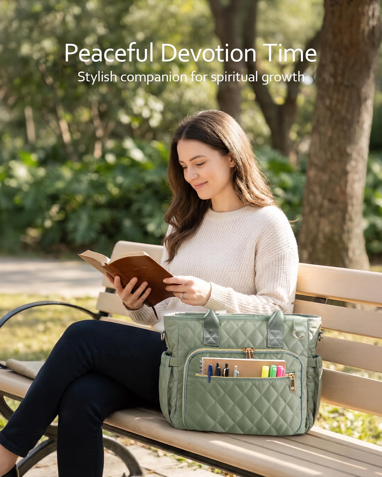 BellaHold Large Bible Bag with Bible Cover Case for Women, Church Bag with shoulder strap, Quilted Bible Cover for Bible Study Supplies, a Christian Gift for Women, Beige