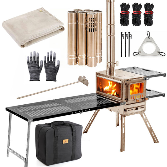 M6 Wood Burning Stove with Oven, 2100 Cu In Large Firebox & 3 Air Inlets, Stainless Steel Camp Stove with Foldable IGT Table, Ash Drawer & 6 Chimney Pipes for Outdoor Cooking, Camping