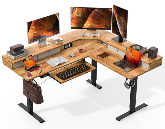 Kingant L-Shaped Standing Desk with Drawers, 63 x 55 Inch Large Adjustable Corner Desk with Charging Station & Keyboard Tray, Electric Sit Stand Up Computer Desk for Home Office(Light Rustic Brown)
