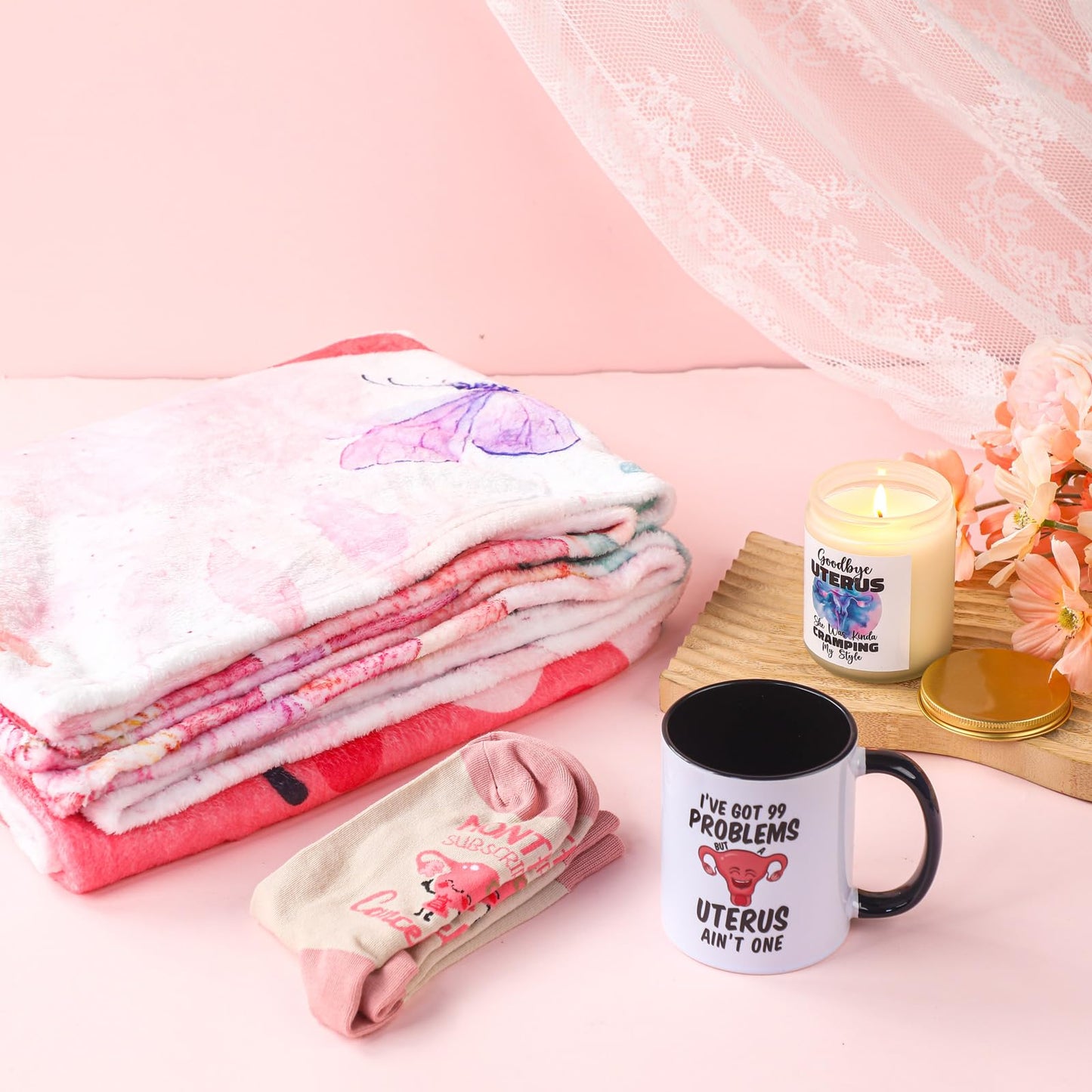 Breling 4 Pcs Funny Hysterectomy Recovery Gift Set for Women Funny Ceramic Mug Flannel Throw Blanket Crew Socks Candle Post Uterus Surgery Care Package Gift Basket