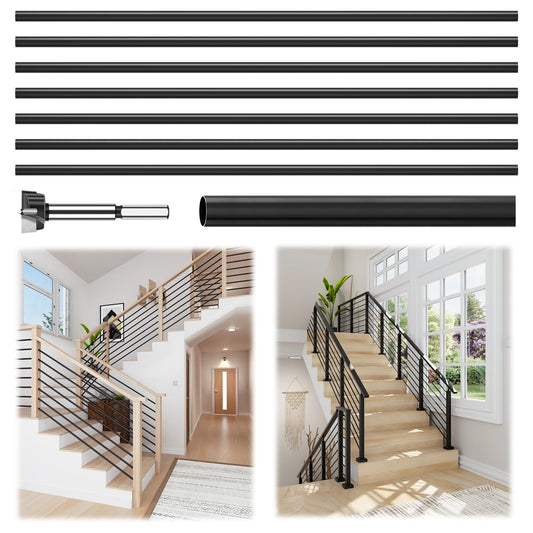 7 Pack 6 FT x 35/64 inch Iron Stair Balusters with 14mm Wood Drill Bit, Matte Black Hollow Horizontal Interior Baluster, Stair Railing Spindles for Indoor Staircase
