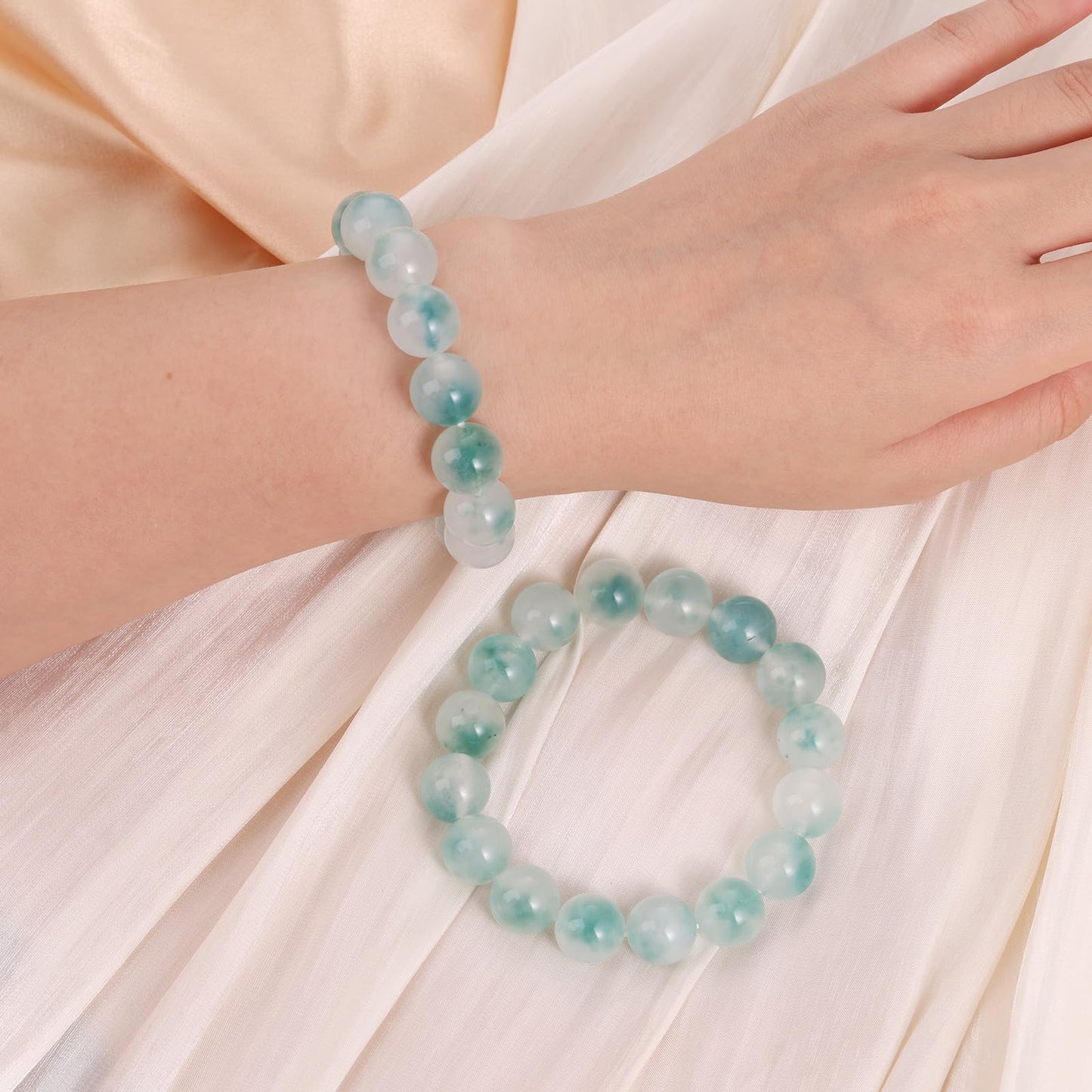 Handmade Natural Jade Beaded Bracelet for Women & Men – Genuine Green/White Jade Gemstone Stretch Bracelet – Lucky Energy Healing Jewelry Gift for Peace, Prosperity & Protection GW