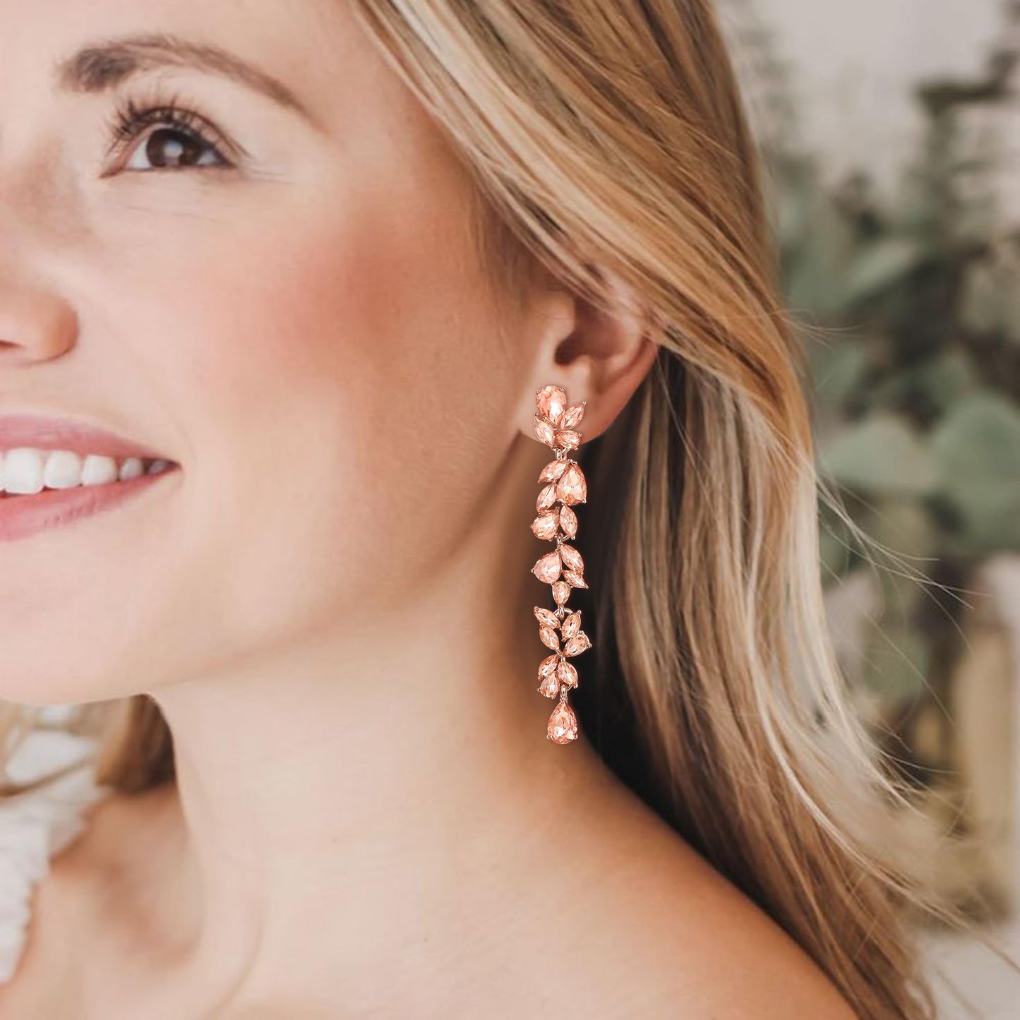 EVER FAITH Banquet Rhinestone Crystal Chandelier Dangle Earring for Women Brides, Art Deco Marquise Teardrop Bridal Long Drop Earrings for Prom Peach
