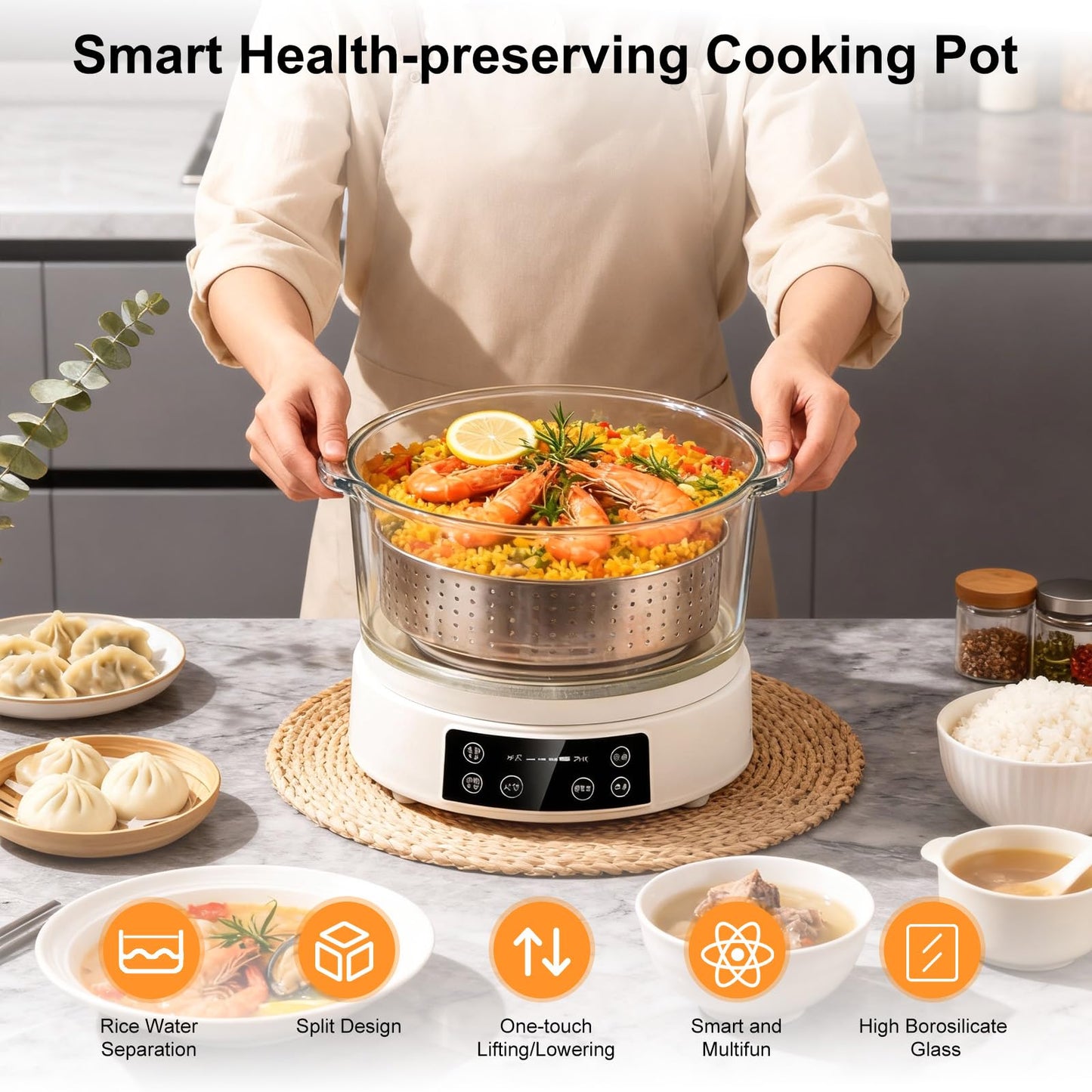 3L Low Carb Rice Cooker - 4H Keep Warm, Low Sugar Rice Cooker with Auto-Lift Basket with Steaming, Boiling and Hotpot in One