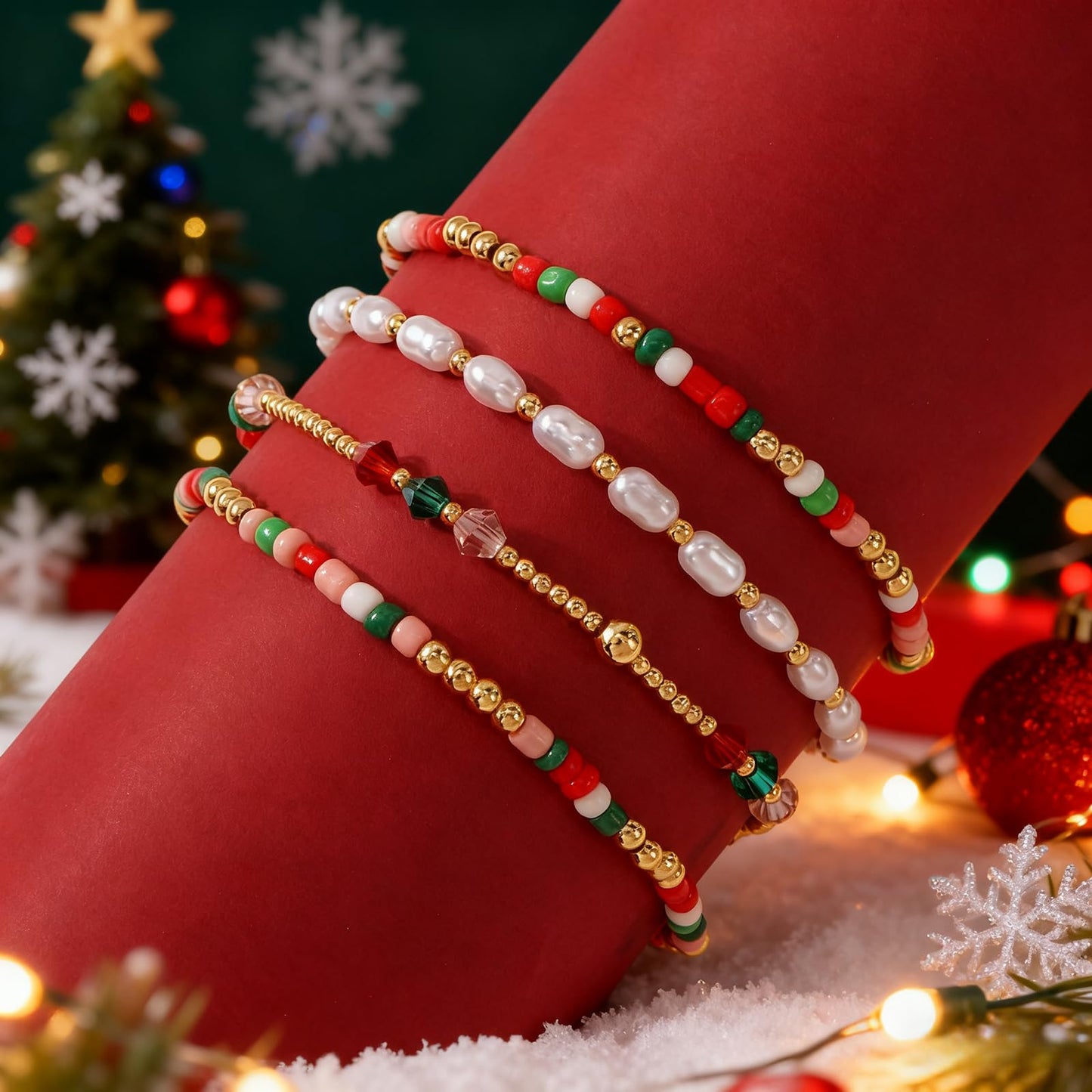 Bohxantium Christmas Gold Crystal Pearl Beaded Bracelet Set for Women Stackable Red Green White Gold Beads Handmade Boho Stretch Crystal Pearl Jewelry Holiday Festive Party Vacation New Year Xmas Gift