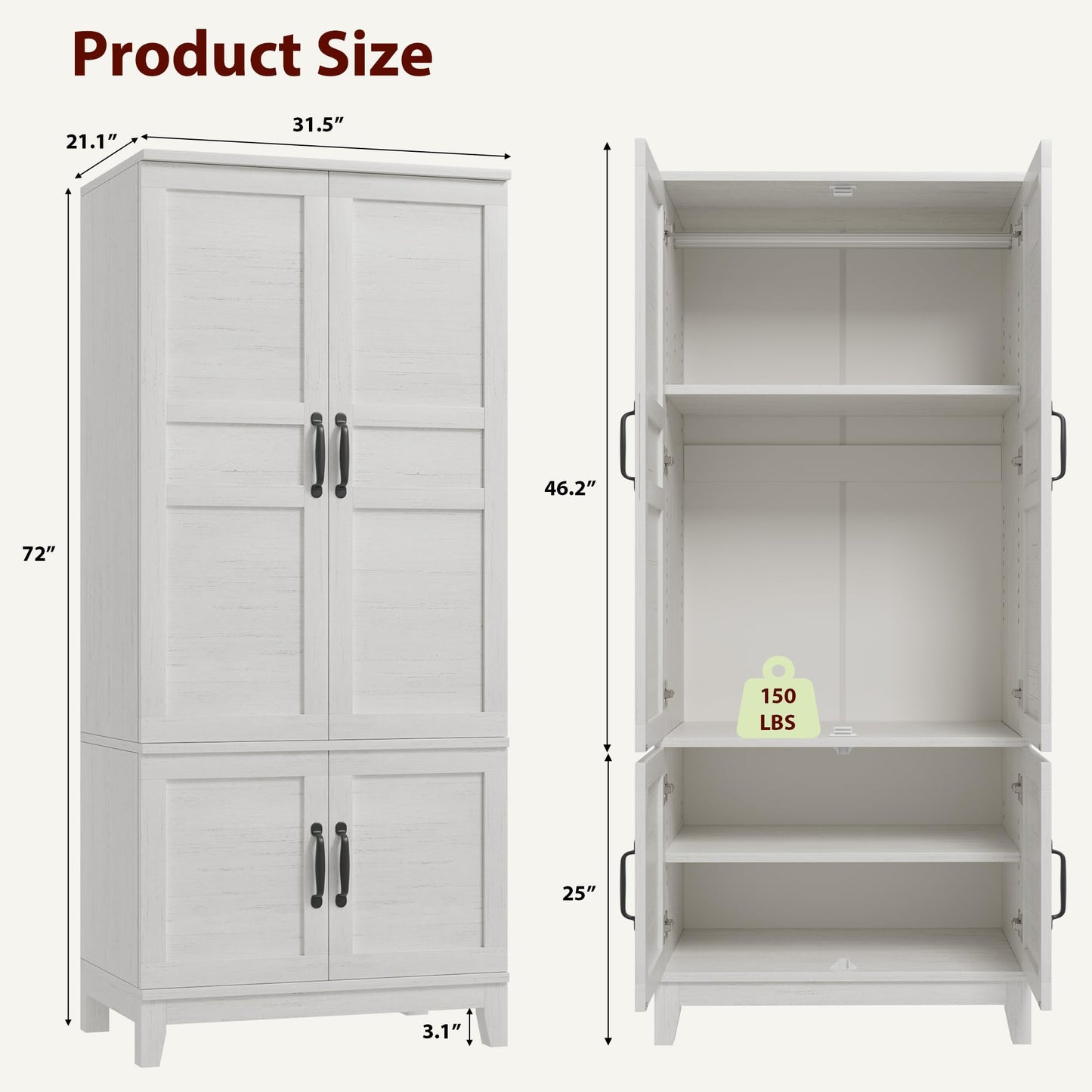 GarveeHome Armoire Wardrobe Closet with 4 Doors,72 in Wooden Wardrobe Cabinet with Hanging Rod, Freestanding Tall Clothing Armoire Storage Cabinet with Adjustable Shelves for Bedroom, Retro White