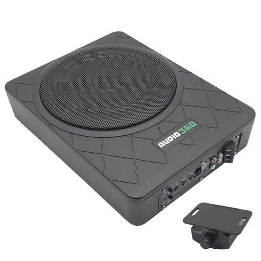 AUDIO360 AD1500US - 1500W 10-Inch Amplified Subwoofer, Under Seat, Adjustable Low Pass Filter, Bass Boost Control, Compact Design - Perfect for Car Audio Systems