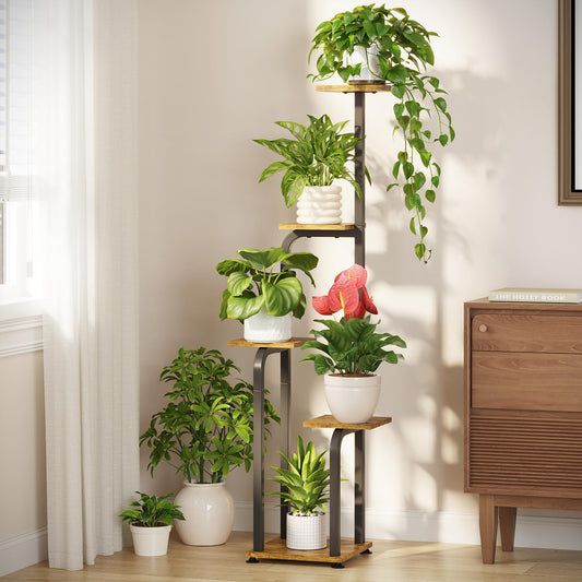 LASZOLA 5 Tiered Plant Stand Tall for Indoor Corner, Modern Multiple Flower Display Rack with Wooden Tray, Vertical Planter Shelf for Living Room Bedroom Patio Garden Balcony, Black