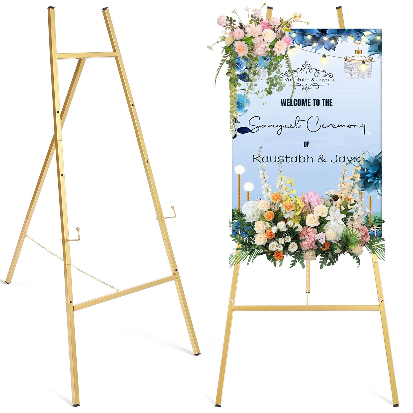 Meyeyaia 43'' Gold Easel Stand for Sign, Metal Heavy Duty Easel Display Stand, 4-Tier Adjustable Art Easels for Wedding Sign, Painting, Floor Décor, Posters, Pictures, Posters, Commercial Display
