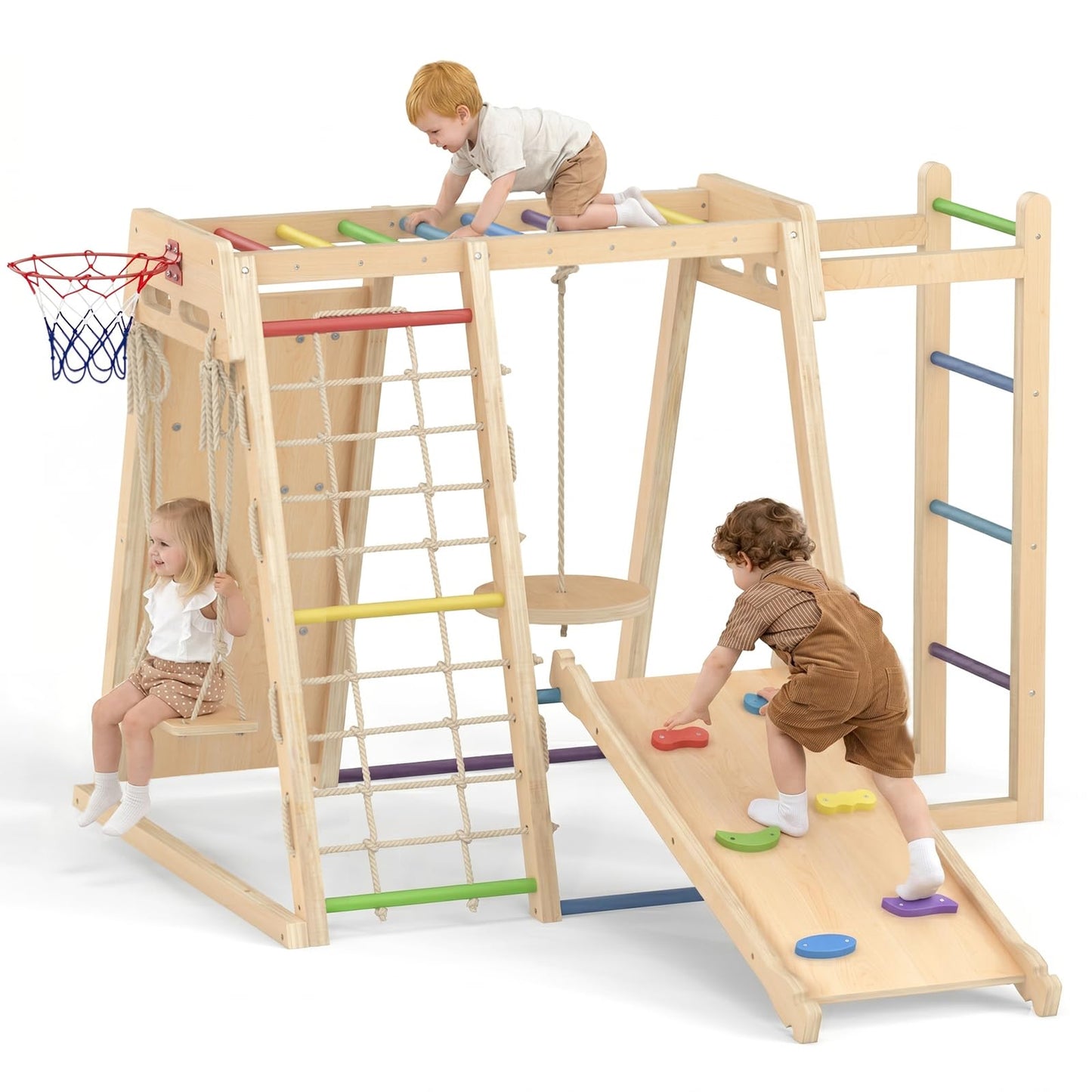 OLAKIDS Indoor Jungle Gym, 9 in 1 Wooden Montessori Baby Climbing Toys with Adjustable 2 Swings Ramp, Monkey Bar Basketball Hoop Ladder Climb Net (Colorful)