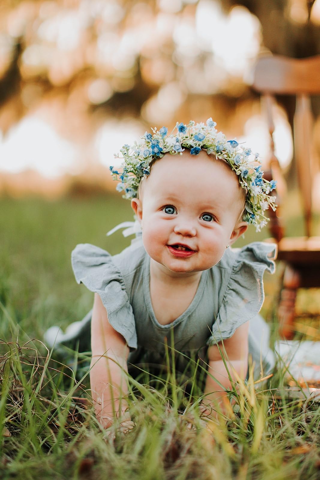 June Bloomy Bridal Flower Crown Women Rose Floral Headband Maternity Photo Prop Baby Shower Leaf Hair Wreath (B-Blue)