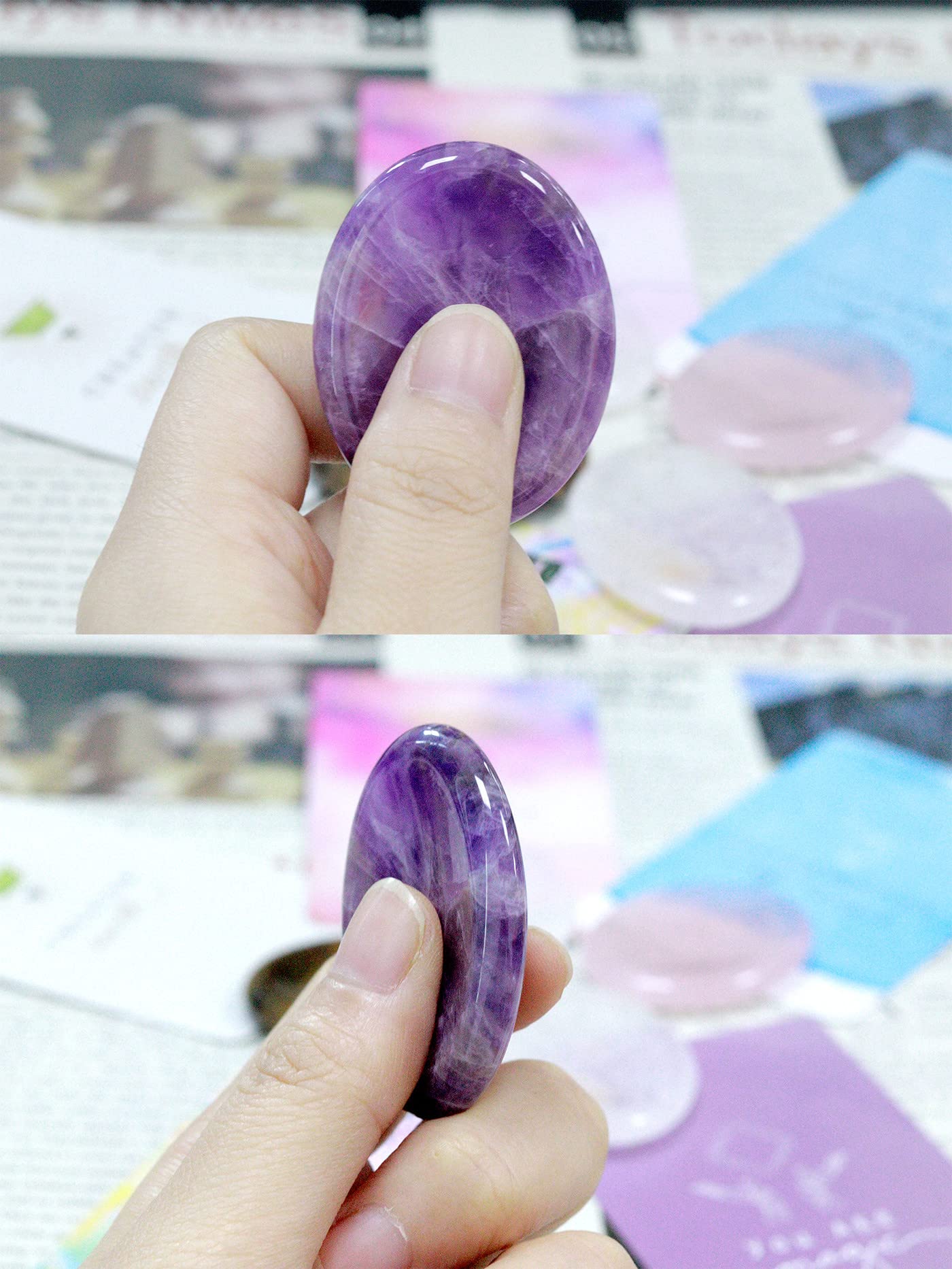 YATOJUZI Thumb Worry Stones for Anxiety Stress Relief Items Healing Crystals Natural Amethyst Rose Quartz Crystal Palm Pocket Stone Gemstones Meditation Reiki Spiritual Gifts for Women Men 2PCS