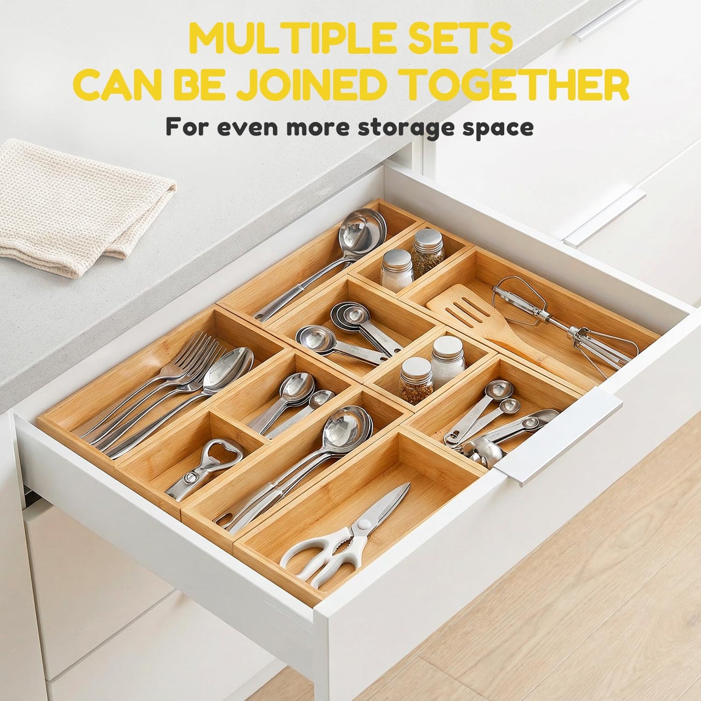 lilLittle Bamboo Drawer Organizer, 5 Pcs Kitchen Drawer Organizer Set, Multi Purpose Utensil Drawer Organizer, Silverware Organizer for Kitchen, Bathroom, Office, Junk Drawers