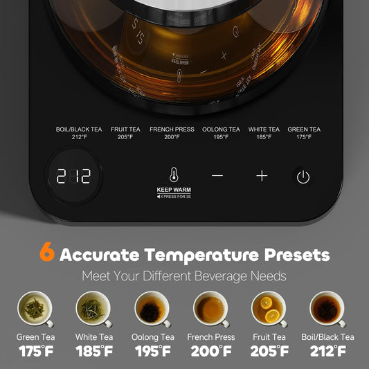 Aesthetern Electric Tea Kettle with Infuser 1.7L Glass Electric Kettle with Temperature Control Automatic Shut Off 12H Keep Warm for Tea Coffee Water Heater, Black
