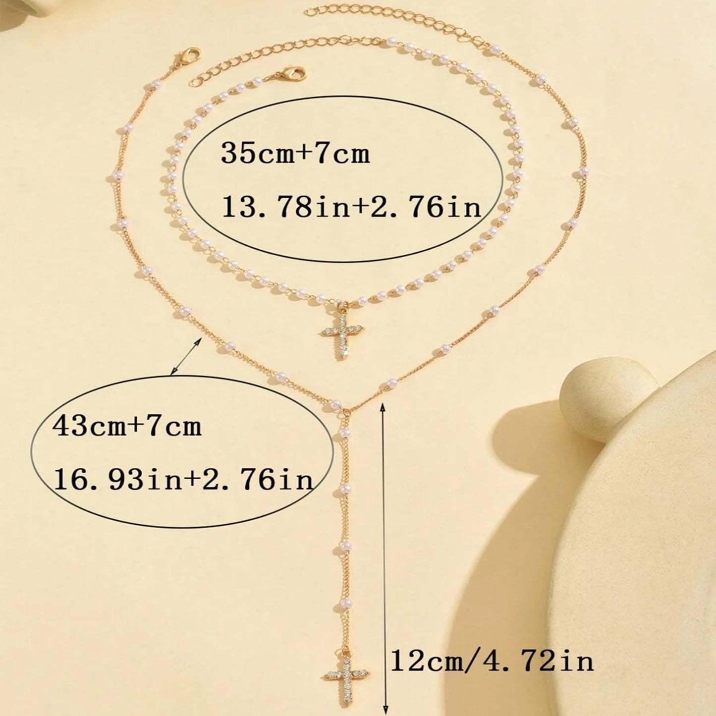 2PCS Layered Gold Cross Necklaces for Women Trendy, Bohemian Bead Pearl Y Long Pendant Necklace Set, Vintage Rosary Necklace Stack Adjustable Length