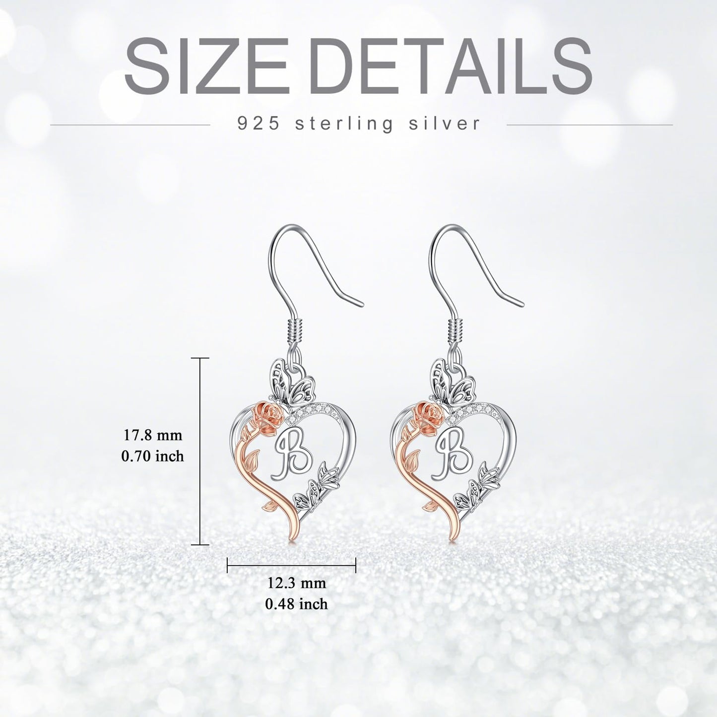 TOUPOP Rose Heart Initial Earrings Sterling Silver Butterfly Earring Initial B Letter Drop Dangle Earrings Jewelry Anniversary Birthday Mothers Day Gifts for Women Mom Wife Girlfriend Her