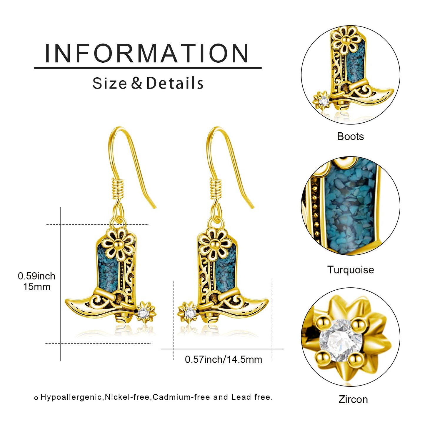 KoyeKei Gold Cowboy Boot Earrings 925 Sterling Silver Cowgirl Texas Boot Dangle Drop Earrings Western Turquoise Jewelry Country Gifts for Women