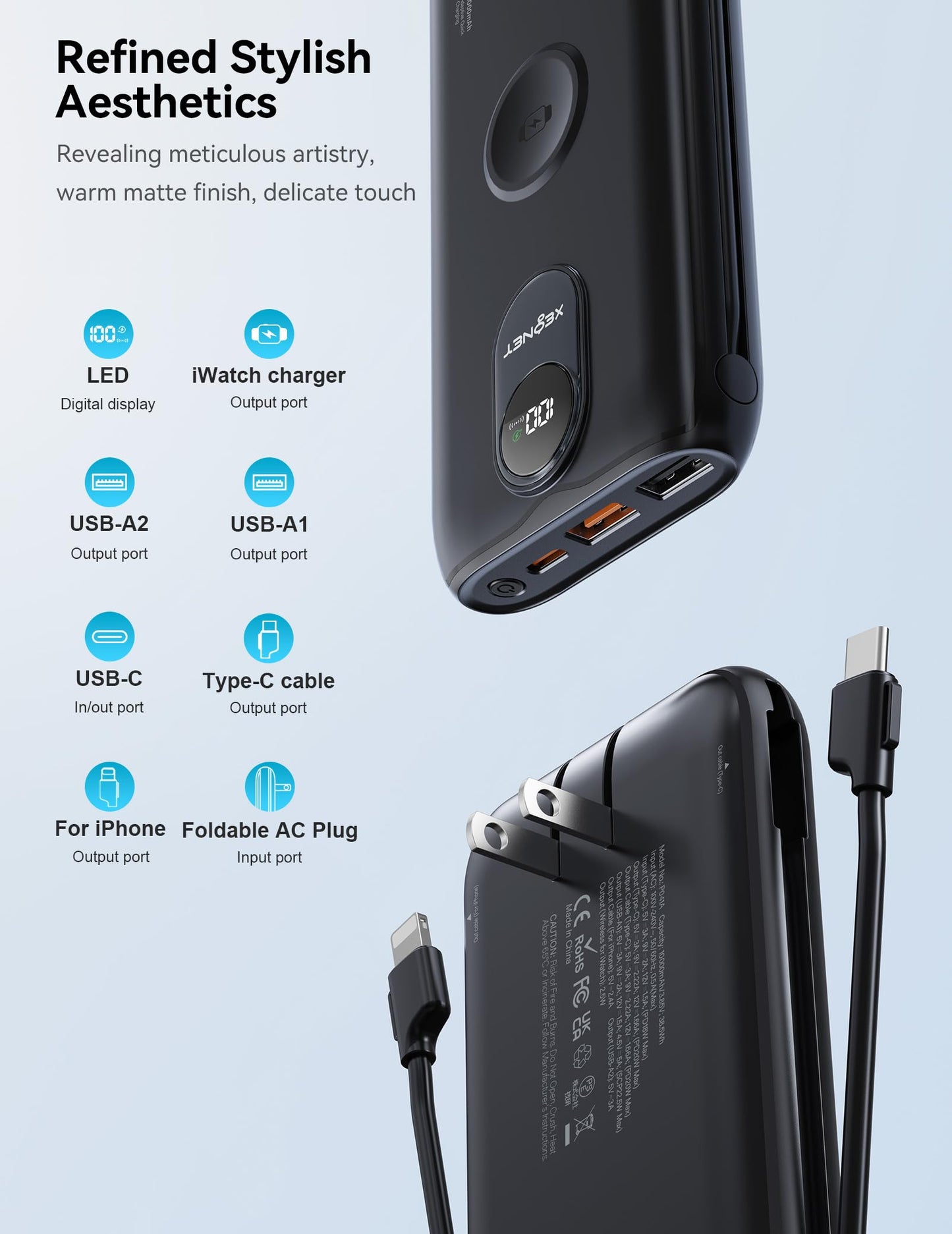 Portable Charger, 10000mAh 22.5W Power Bank Fast Charging with Built in Cable & Wall Plug, Portable Phone Charger with Led Display, Travel Essentials Battery Pack for iPhone 17/16, iWatch 11/Ultra/SE