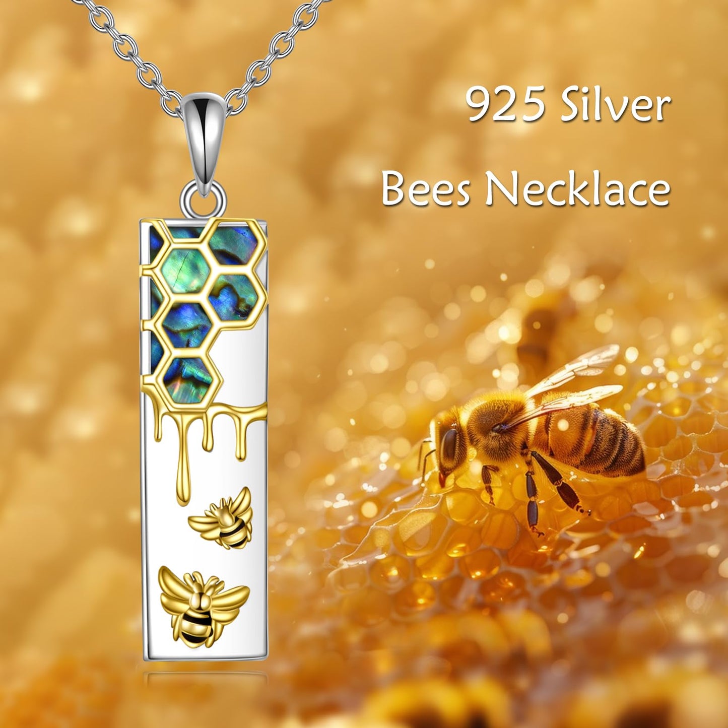 YFN Bee Necklace 18K Gold Plated 925 Sterling Silver Honeycomb Pendant Jewelry Gifts for Women Men Nature Lovers
