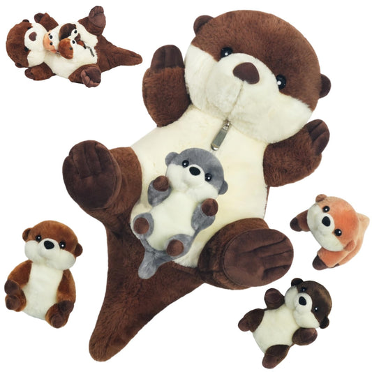 5 Pcs Sea Otter Stuffed Animal Plush Otter Set Large Mommy Stuffed Otter Plush Toy with 4 Babies in Zipper Pouch, Soft Cuddly Otter Plushies Pillow for Kids Boys Girls Birthday Christmas Plush Gifts