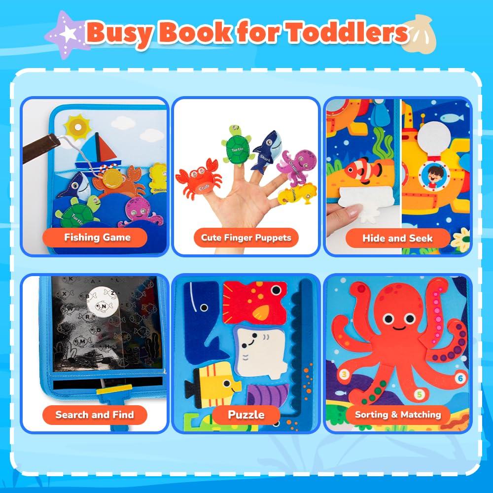 Mootop Busy Book for Toddlers, Busy Board Felt Quiet Book for Baby Sensory Board Learning Activities Travel Toys for Fine Motor Skills, Quiet Book with Life Skills, Cognition, Sorting, Matching