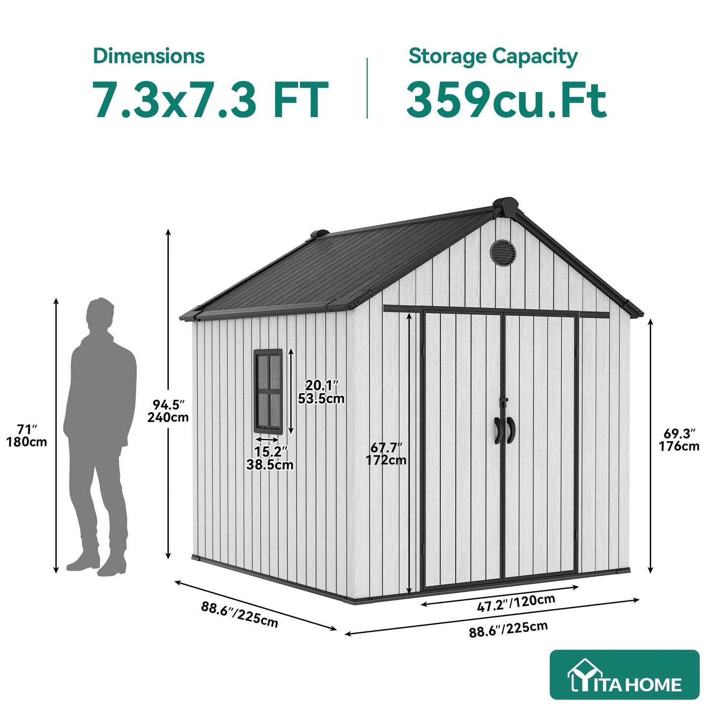 YITAHOME 8X8 ft Outdoor Plastic Storage Shed with Floor, 16mm Extra Thick Waterproof Garden Shed with Vision Window, Lockable Door & Vents, Heavy Duty Tool Storage for Patio, Lawn Mower, Bike, Gray
