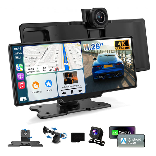 Portable Apple CarPlay Screen, Extra Large 11.26 Inch 4K Car Play & Android Auto HD Touchscreen, Wireless Car Stereo with Dash Cam, G-Sensor/App Control/Backup Camera/Loop Recording/Mirror Link/GPS/FM