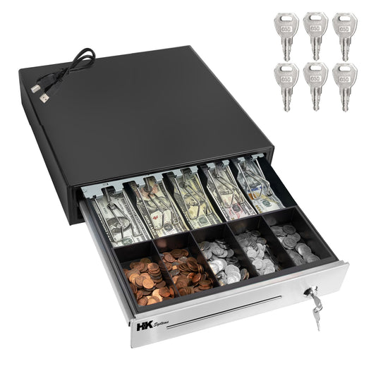 HK SYSTEMS 16inch "Stainless Steel" Front Heavy Duty POS "USB" Interface Cash Drawer with 5Bill/5Coin (BLACK) "NO compatibility with Square POS system for now"