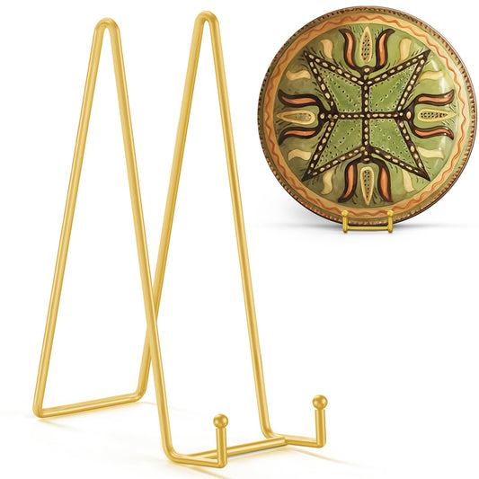 TR-LIFE 12 Inch Large Plate Stands/holder for Display - Metal Picture Frame Holder Stand + Small Easels for Platter, Book, Plaques, Photo, Tabletop Art (Gold 2 Pack)
